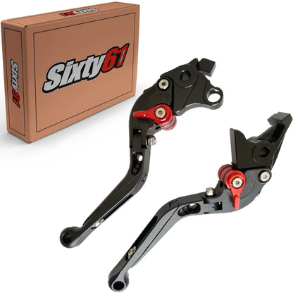 Black Kawasaki ZX6 brake and clutch levers from Bill's Exhausts, adjustable, sliding, folding, compatible with 2017-2023 models.