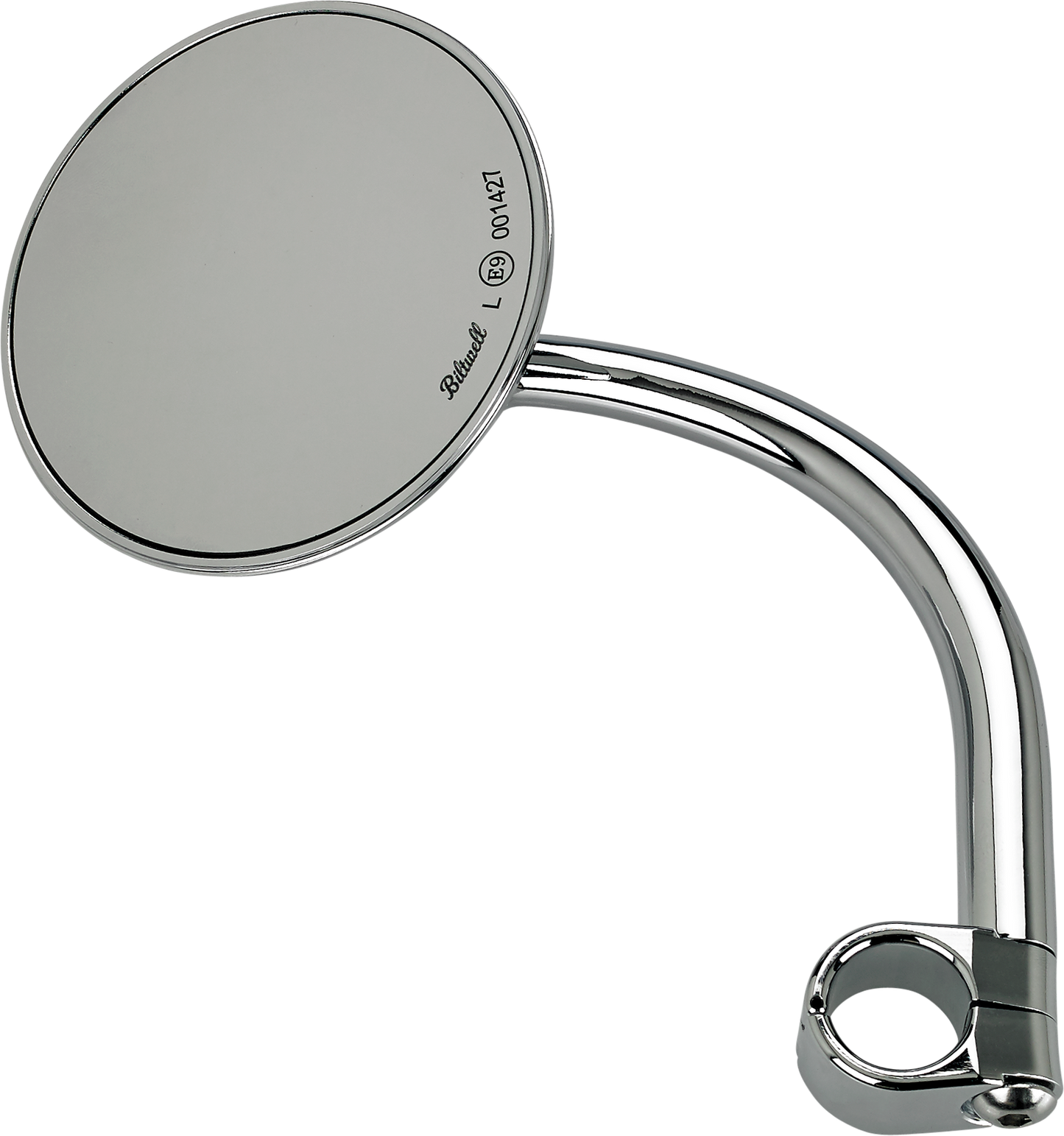 Round chrome clamp-on utility mirror by BILTWELL, mounted on a motorcycle handlebar for enhanced rear visibility.