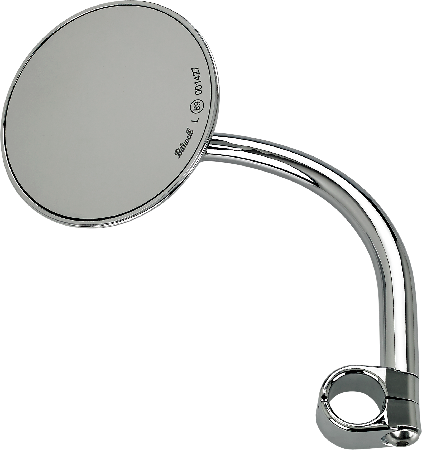Round chrome clamp-on utility mirror by BILTWELL, mounted on a motorcycle handlebar for enhanced rear visibility.