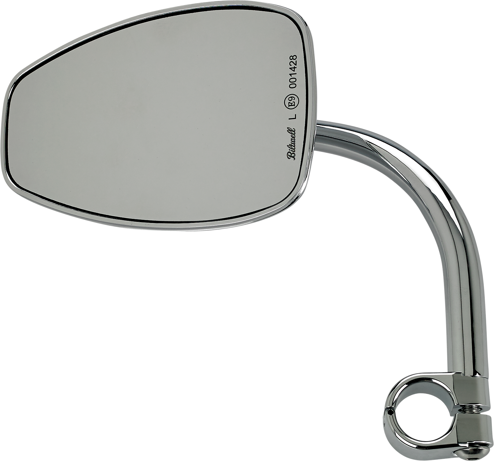 Chrome tear drop clamp-on utility mirror by BILTWELL, mounted on a motorcycle handlebar, with a round reflective surface.