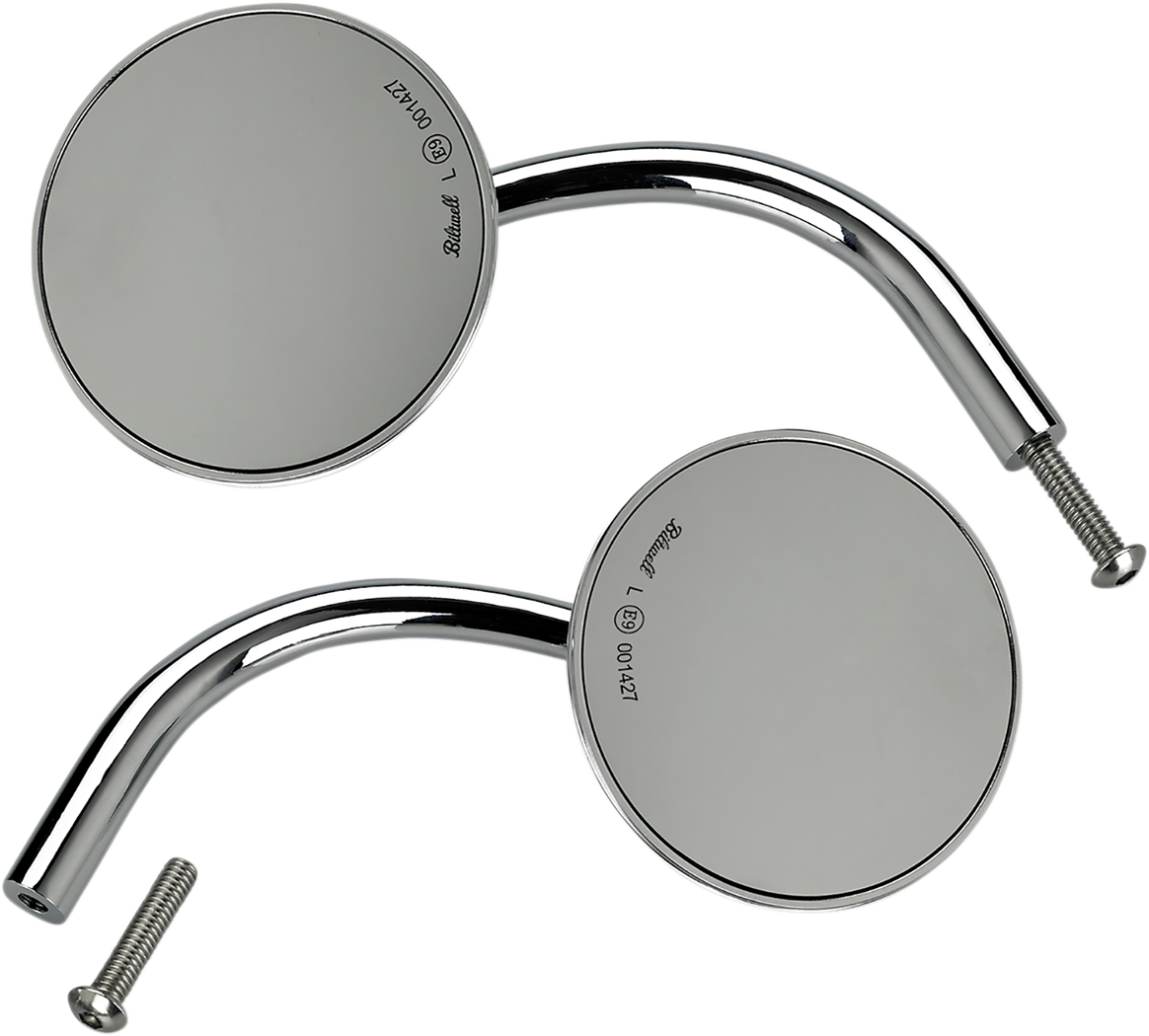 Round chrome BILTWELL mirror by Bill's Exhausts, featuring a sleek reflective surface and sturdy mounting hardware.