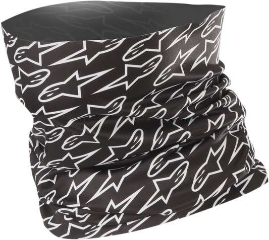 Black Alpinestars Neck Tube, a versatile tube scarf for motorcycle riders, shown with detailed fabric texture and branding.