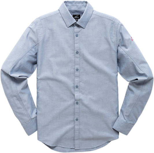 Blue ALPINESTARS Ambition II Oxford Shirt in medium size, displayed on a hanger, featuring a classic collar and button-down style.