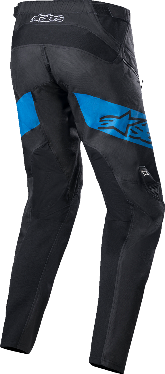 A pair of Alpinestars Astar Racer Pants in black and blue, US size 34, EU size 40, featuring sporty design and durable material.