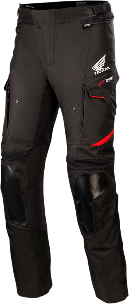 Black Alpinestars Honda Andes v3 Drystar® motorcycle pants, large size, with reinforced panels and adjustable straps.