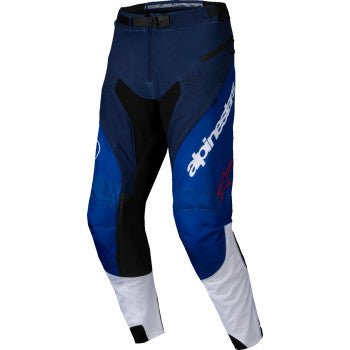 Alpinestars Pro-Dura motorcycle pants in navy, bright blue, and white with reinforced knee panels and adjustable waist, size 36.