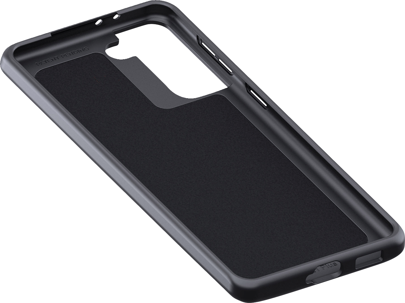 Samsung S21+ phone case by Bill's Exhausts, black SP CONNECT protective cover showing textured surface and camera cutout.