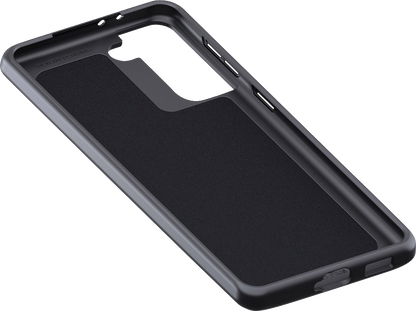 Samsung S21+ phone case by Bill's Exhausts, black SP CONNECT protective cover showing textured surface and camera cutout.