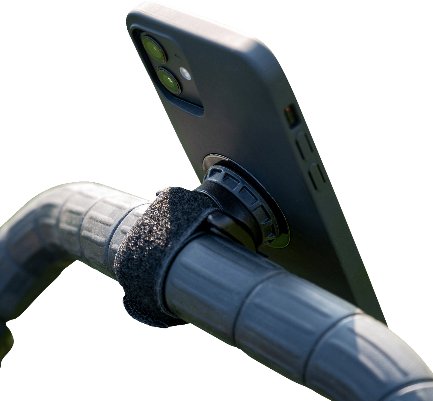 Universal SP CONNECT handlebar phone mount by Bill's Exhausts, securely holding smartphones on bike handlebars.