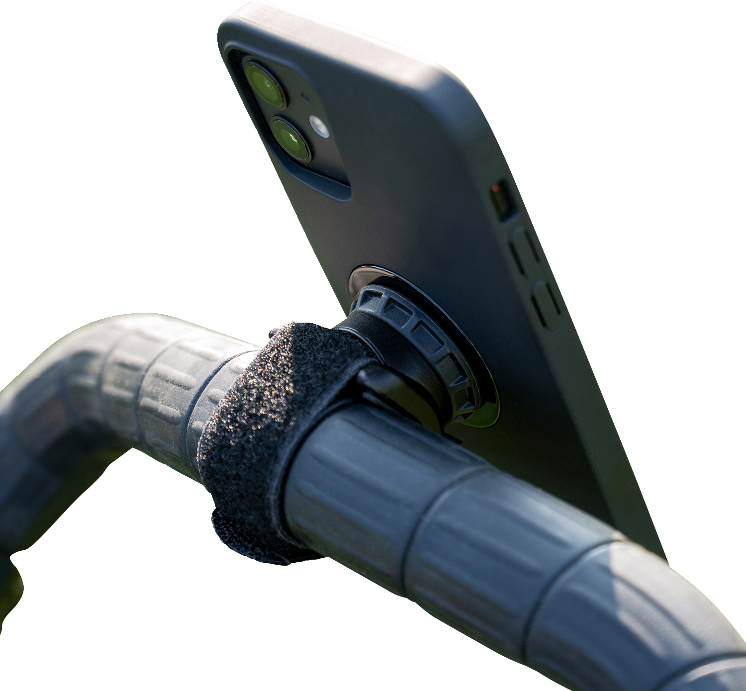 Universal SP CONNECT handlebar phone mount by Bill's Exhausts, securely holding smartphones on bike handlebars.