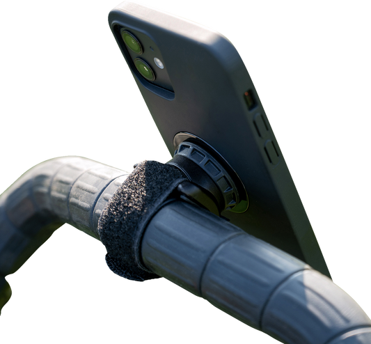 Universal SP CONNECT handlebar phone mount by Bill's Exhausts, securely holding smartphones on bike handlebars.