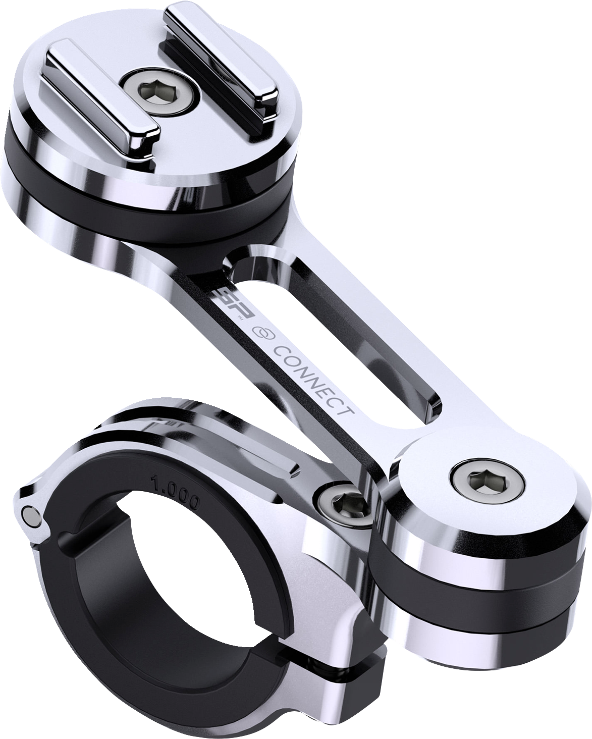Chrome SP CONNECT Phone Mount Pro attached to a bike handlebar, designed for secure smartphone mounting by Bill's Exhausts