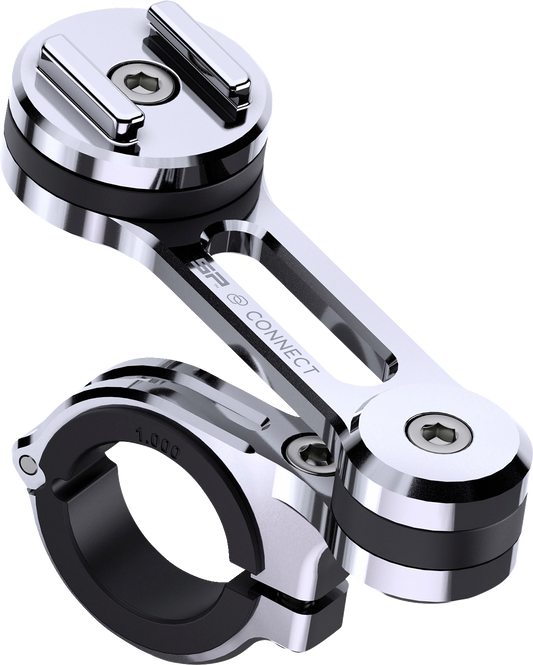 Chrome SP CONNECT Phone Mount Pro attached to a bike handlebar, designed for secure smartphone mounting by Bill's Exhausts