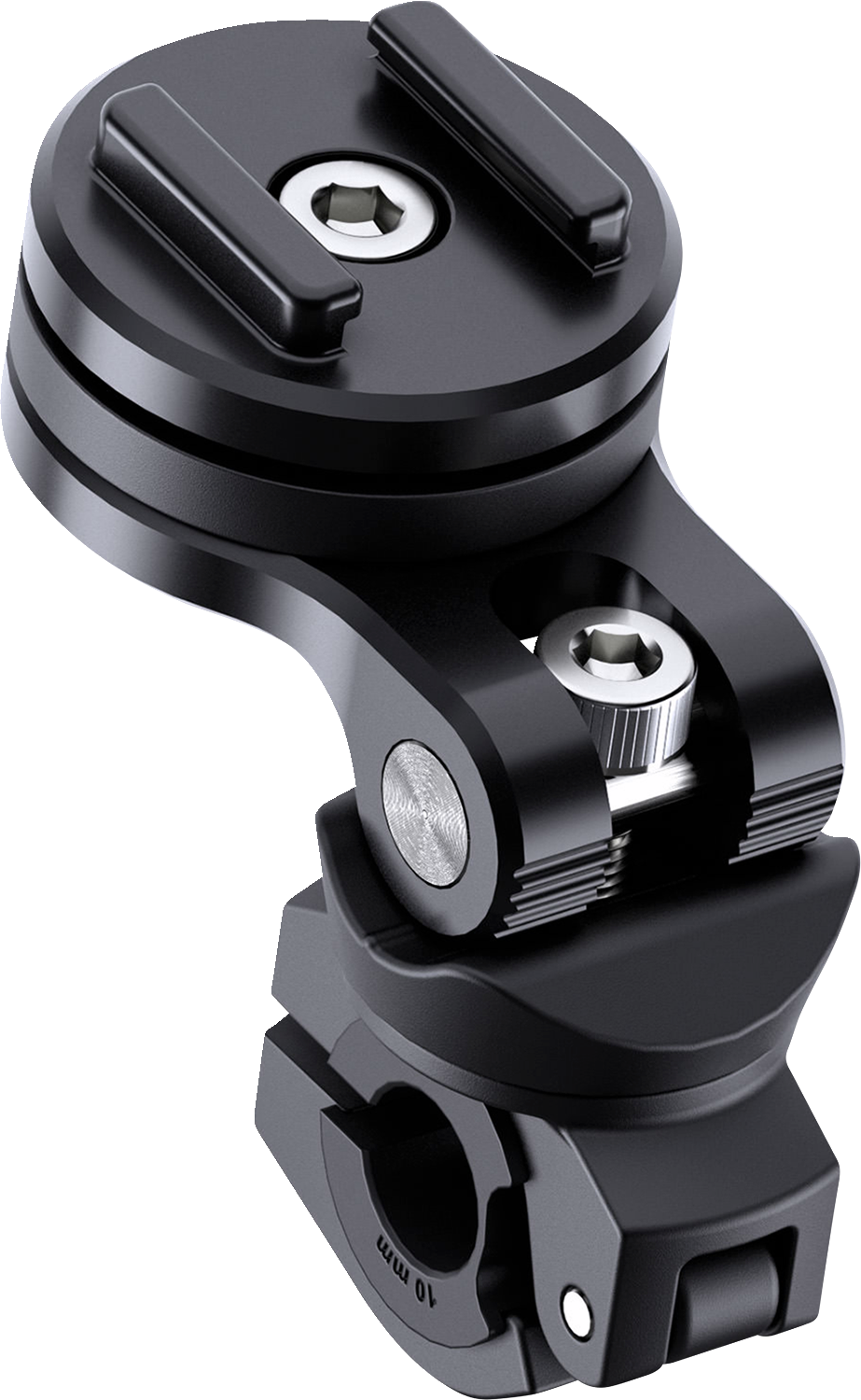 Black SP CONNECT Pro Phone Mount with Mirror for bikes, securely attaches to handlebar for easy phone access.