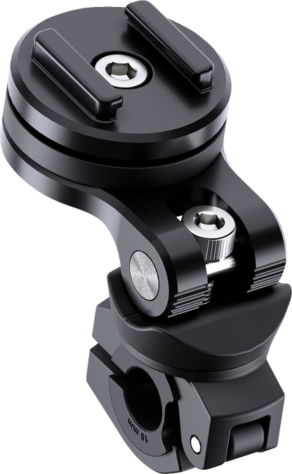 Black SP CONNECT Pro Phone Mount with Mirror for bikes, securely attaches to handlebar for easy phone access.