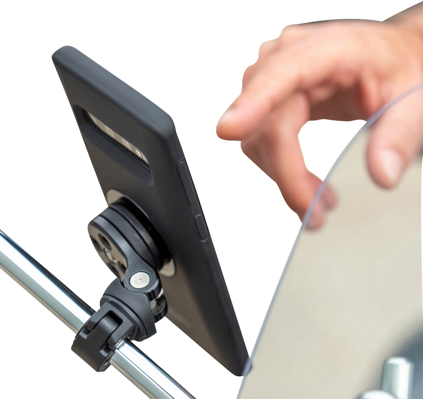 Black SP CONNECT Pro Phone Mount with Mirror attached to a bike handlebar, designed for secure smartphone mounting.