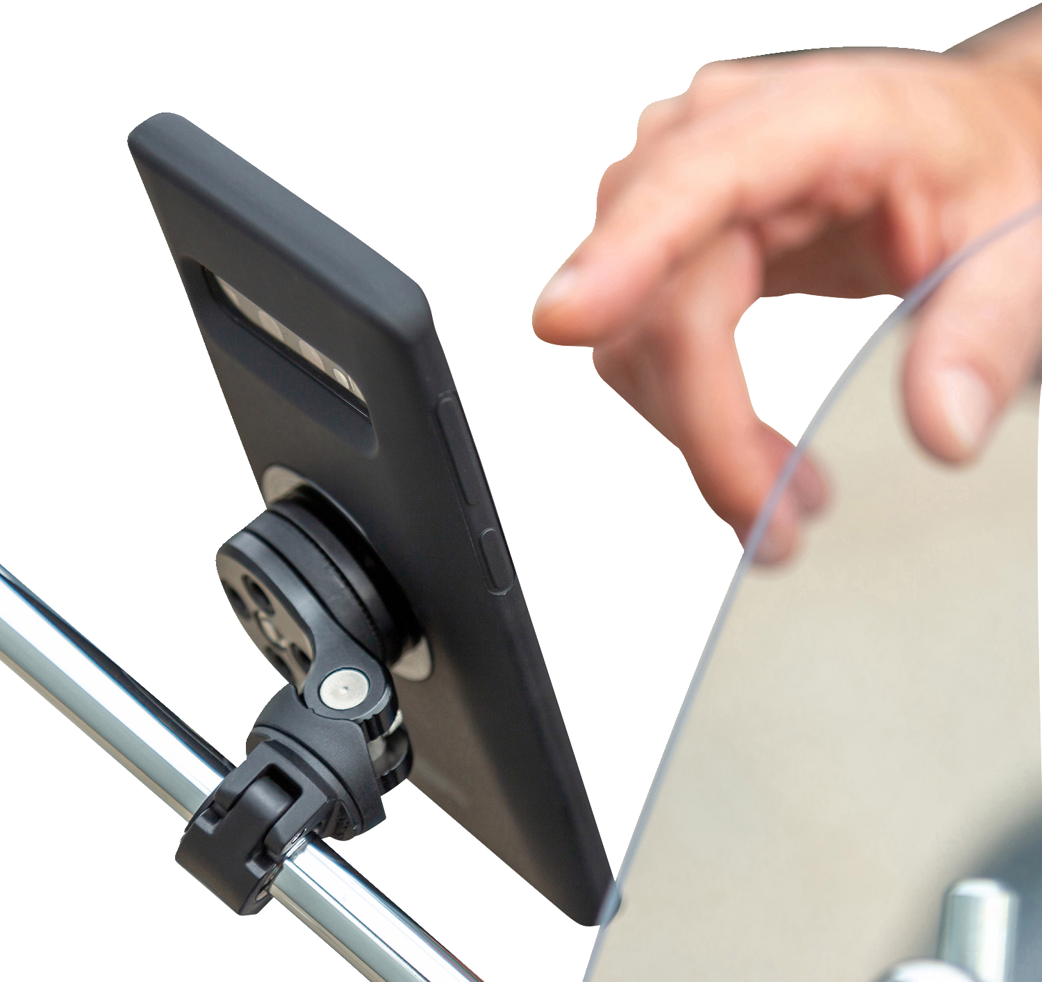 Black SP CONNECT Pro Phone Mount with Mirror attached to a bike handlebar, designed for secure smartphone mounting.