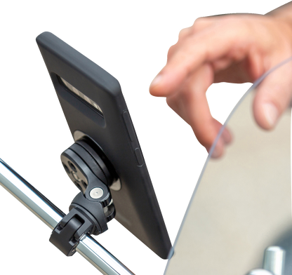 Black SP CONNECT Pro Phone Mount with Mirror attached to a bike handlebar, designed for secure smartphone mounting.