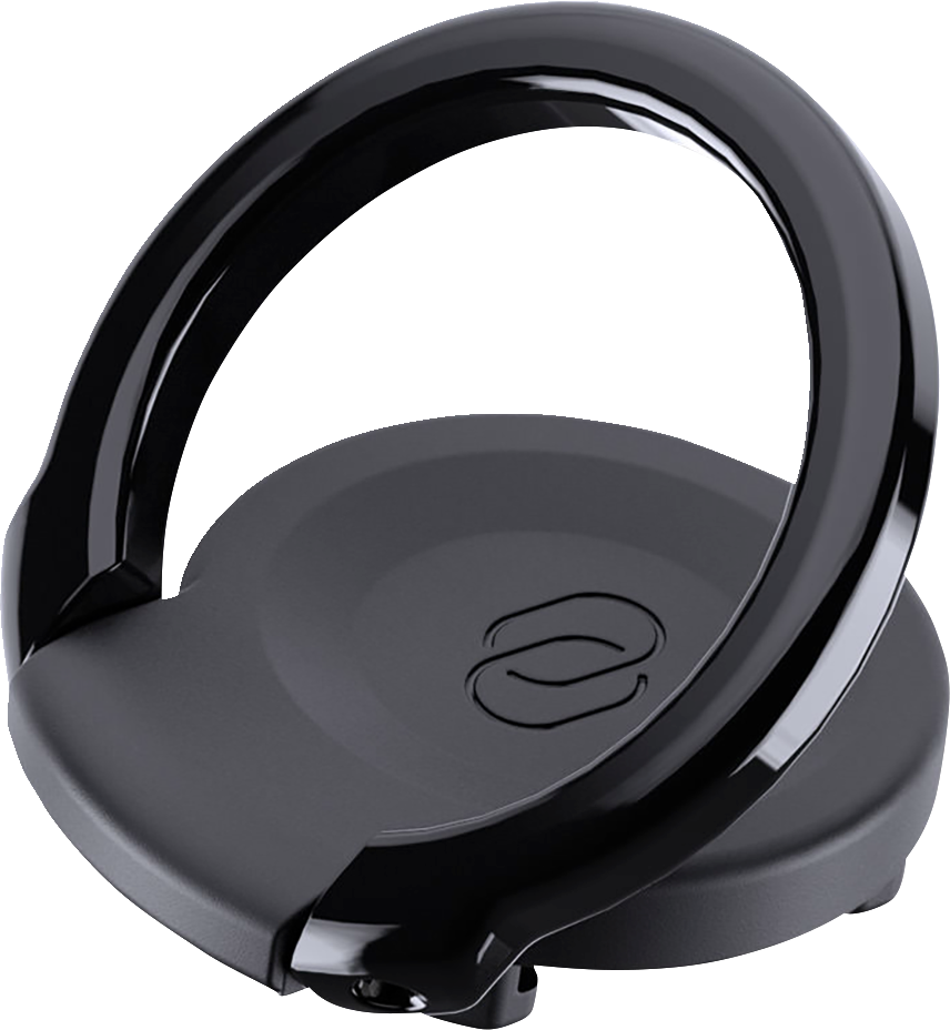 Black SP CONNECT Phone Mount Ring attached to a phone, designed for secure mounting and easy access, by Bill's Exhausts.