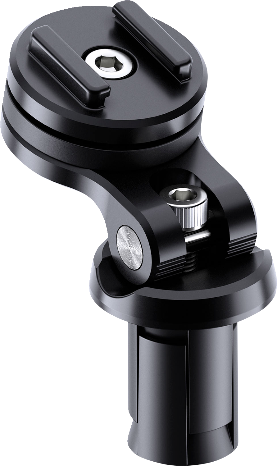 Black SP CONNECT phone mount for bike stem, designed by Bill's Exhausts, attaches securely to your bike's stem for easy phone access.