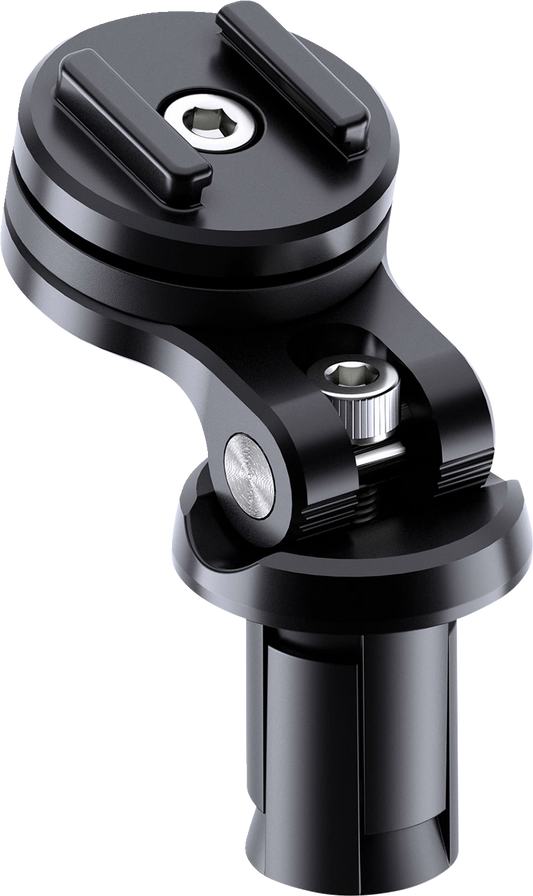 Black SP CONNECT phone mount for bike stem, designed by Bill's Exhausts, attaches securely to your bike's stem for easy phone access.