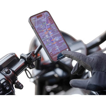 Black SP CONNECT 3D Phone Mount for 1-1/2" handlebars, compatible with Bill's Exhausts bike accessories, securely holds smartphones.