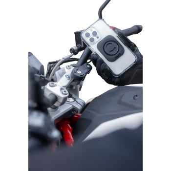 Bill's Exhausts SP CONNECT phone mount attached to a motorcycle handlebar, showcasing secure grip and sleek design.