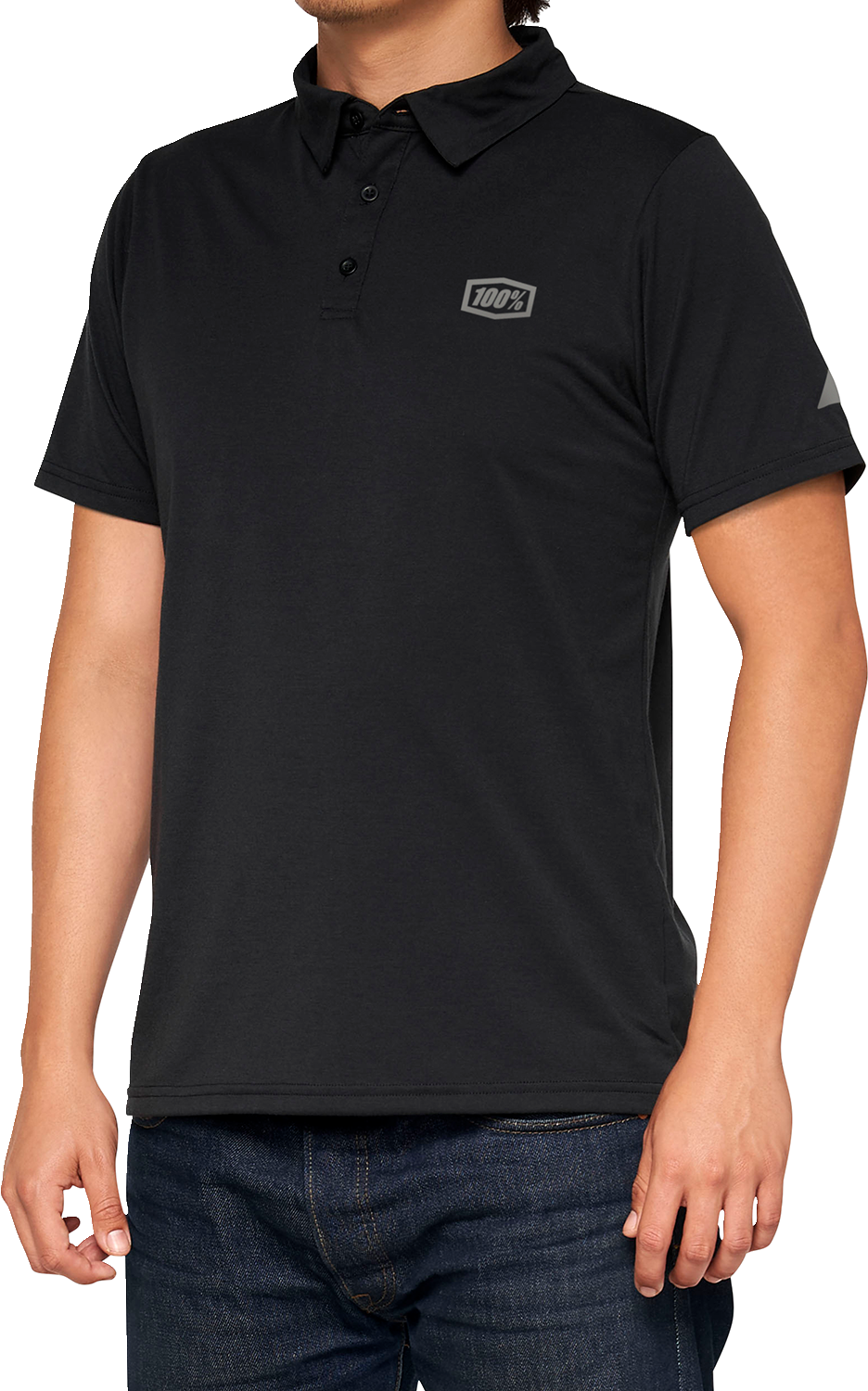 Black and gray 100% Corpo polo shirt in medium size from Bill's Exhausts, featuring a classic polo collar and short sleeves.