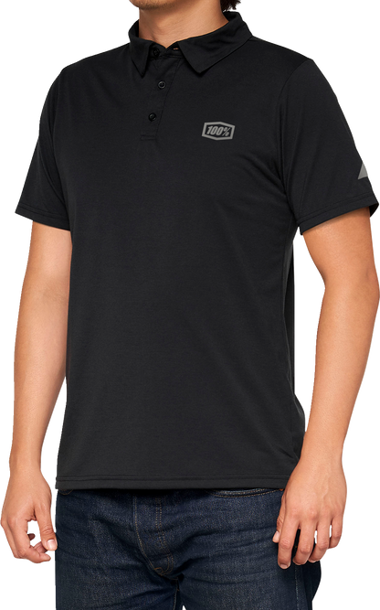 Black and gray 100% Corpo polo shirt in medium size from Bill's Exhausts, featuring a classic polo collar and short sleeves.