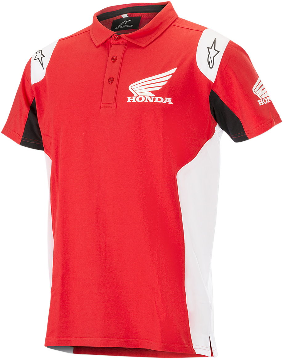 Red Alpinestars Honda polo shirt in large size, featuring the brand logo, displayed on a neutral background.