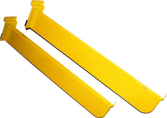 Pair of Bill's Exhausts ProTaper Box Slat Wall Arms mounted on a slat wall for motorcycle exhaust display and storage.
