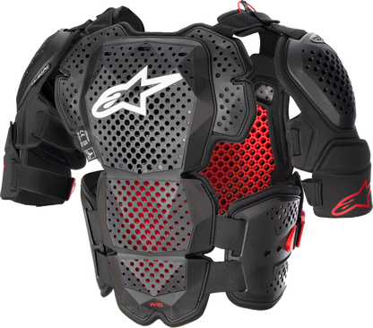 Alpinestars A-10 Roost Guard V2 protective gear in black and red, size XS/S, designed for motorcycle safety and impact protection.