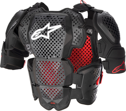 Alpinestars A-10 Roost Guard V2 in black and red, XS/S size, protective gear for motocross or off-road riding.