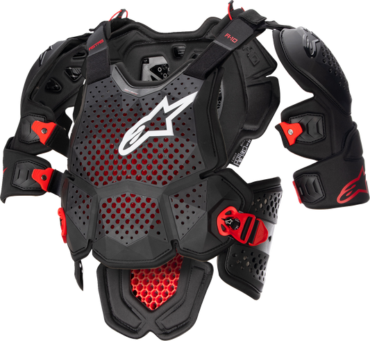 Alpinestars A-10 v2 Full Roost Guard in black and red, protective gear for motocross, size M/L, shown on a plain background.