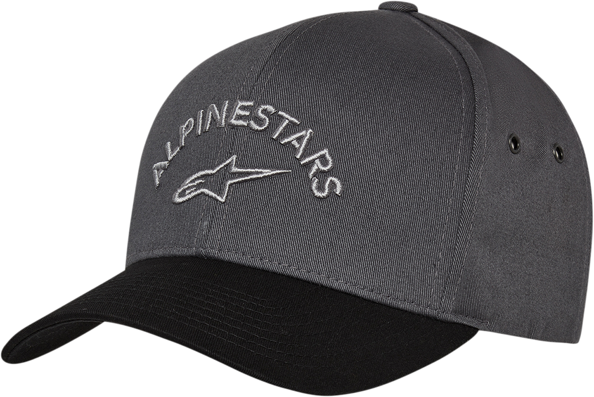 Alpinestars Arced Hat in charcoal and black, one size, protective gear style, with curved brim and breathable fabric.