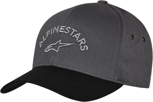 Alpinestars Arced Hat in charcoal and black, one size, protective gear style, with curved brim and breathable fabric.