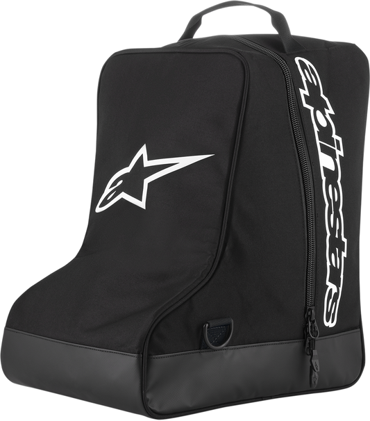 Alpinestars black and white boot bag for motorcycle gear, featuring protective design and carrying straps.