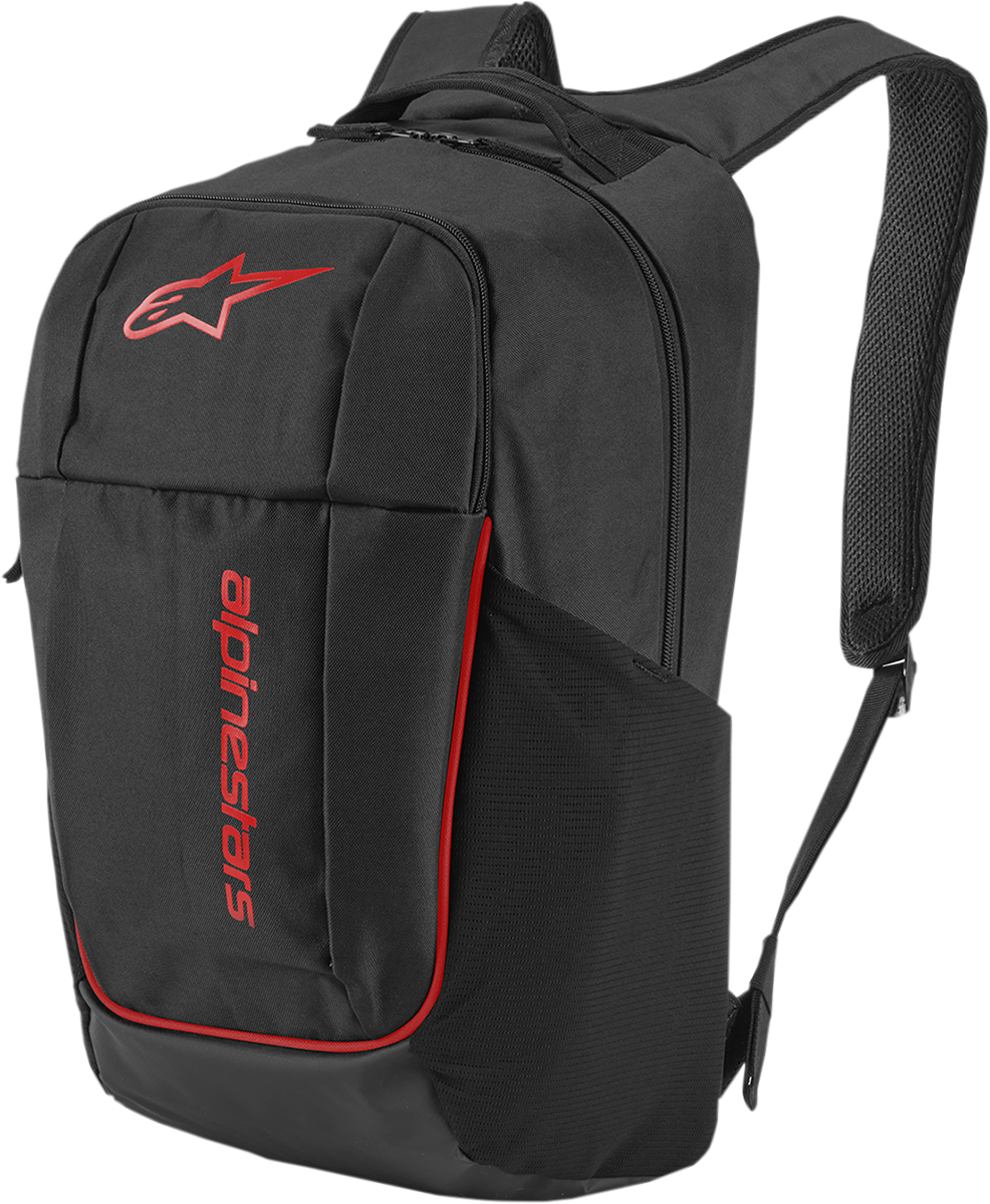 Alpinestars GFX V2 backpack in black and red, protective gear with adjustable straps and multiple compartments.