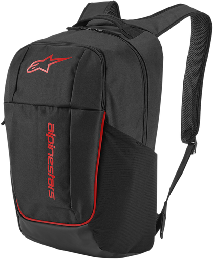 Alpinestars GFX V2 backpack in black and red, protective gear with adjustable straps and multiple compartments.