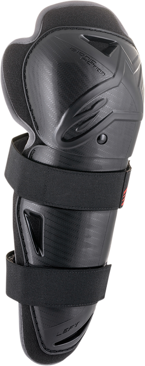 Alpinestars Bionic Action knee guards in protective gear, showing black knee padding with adjustable straps for motorcycle riding.