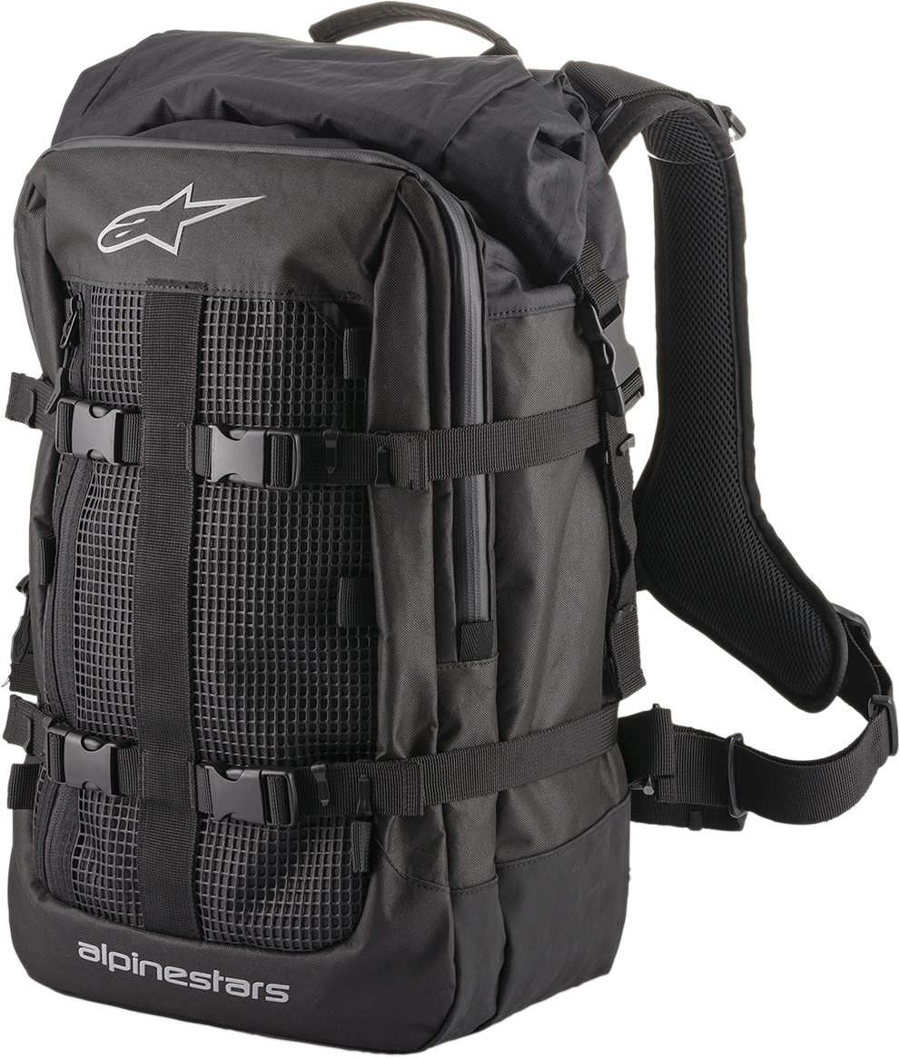 Alpinestars Rover Multi Backpack in black, a durable protective gear bag with multiple compartments for outdoor or motorcycling use.