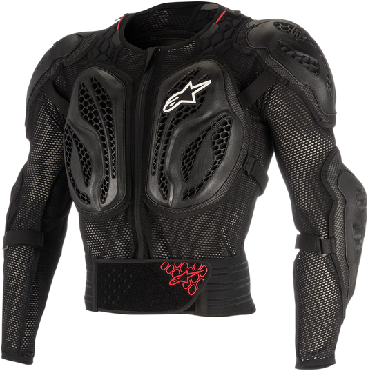 Alpinestars Youth Bionic Action Jacket protective gear for kids, black with red accents, front view showing adjustable straps and padding.