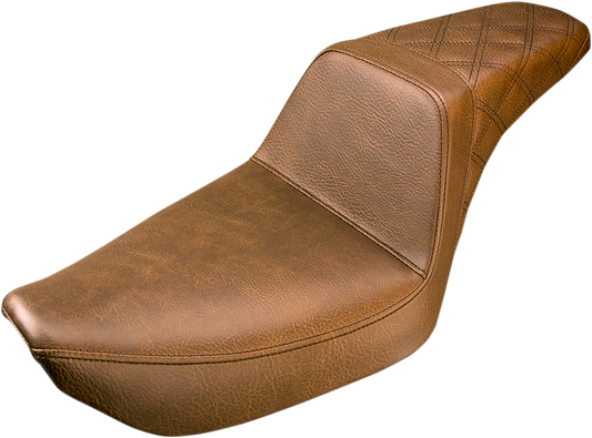 Brown SADDLEMEN Step Up Seat with rear lattice stitching for Dyna models, designed for comfort and style.