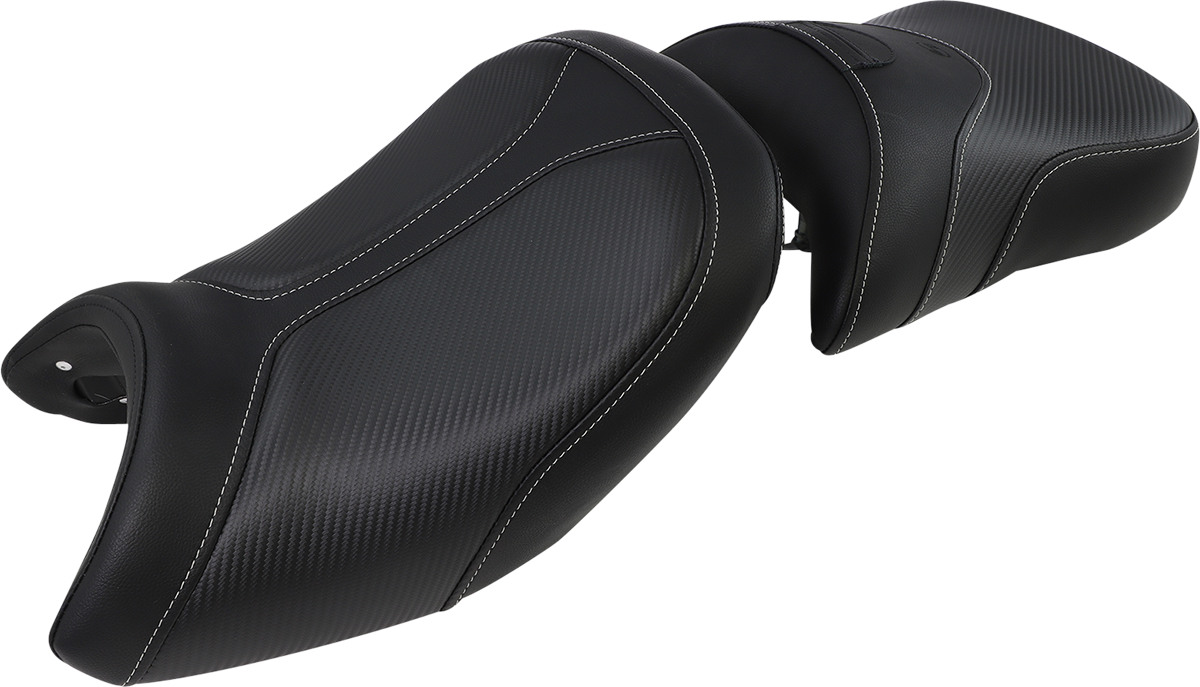 Black SADDLEMEN Adventure Tour Seat with lumbar backrest for BMW R1200GS 2013-2019, designed for comfort and durability.