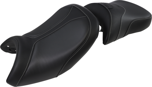 Black SADDLEMEN Adventure Tour Seat with lumbar backrest for BMW R1200GS 2013-2019, designed for comfort and durability.