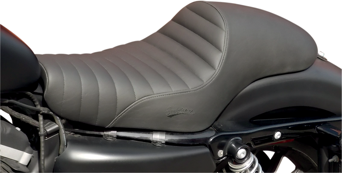 Bill's Exhausts Saddlemens Americano Tuck and Roll Seat for XLR motorcycle, showcasing black leather with detailed tuck and roll stitching.