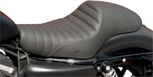 Bill's Exhausts Saddlemens Americano Tuck and Roll Seat for XLR motorcycle, showcasing black leather with detailed tuck and roll stitching.