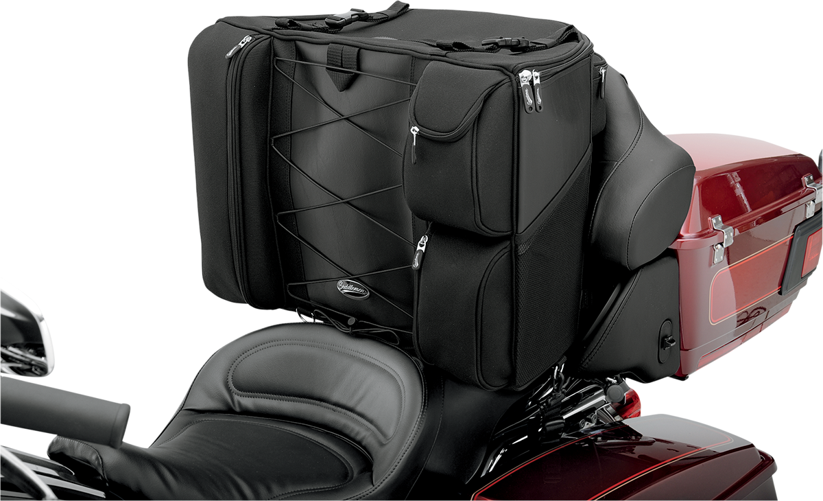 Saddlemens Backrest Bag 3501-0322 mounted on motorcycle seat, designed for secure storage and passenger comfort, by Bill's Exhausts
