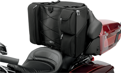Saddlemens Backrest Bag 3501-0322 mounted on motorcycle seat, designed for secure storage and passenger comfort, by Bill's Exhausts