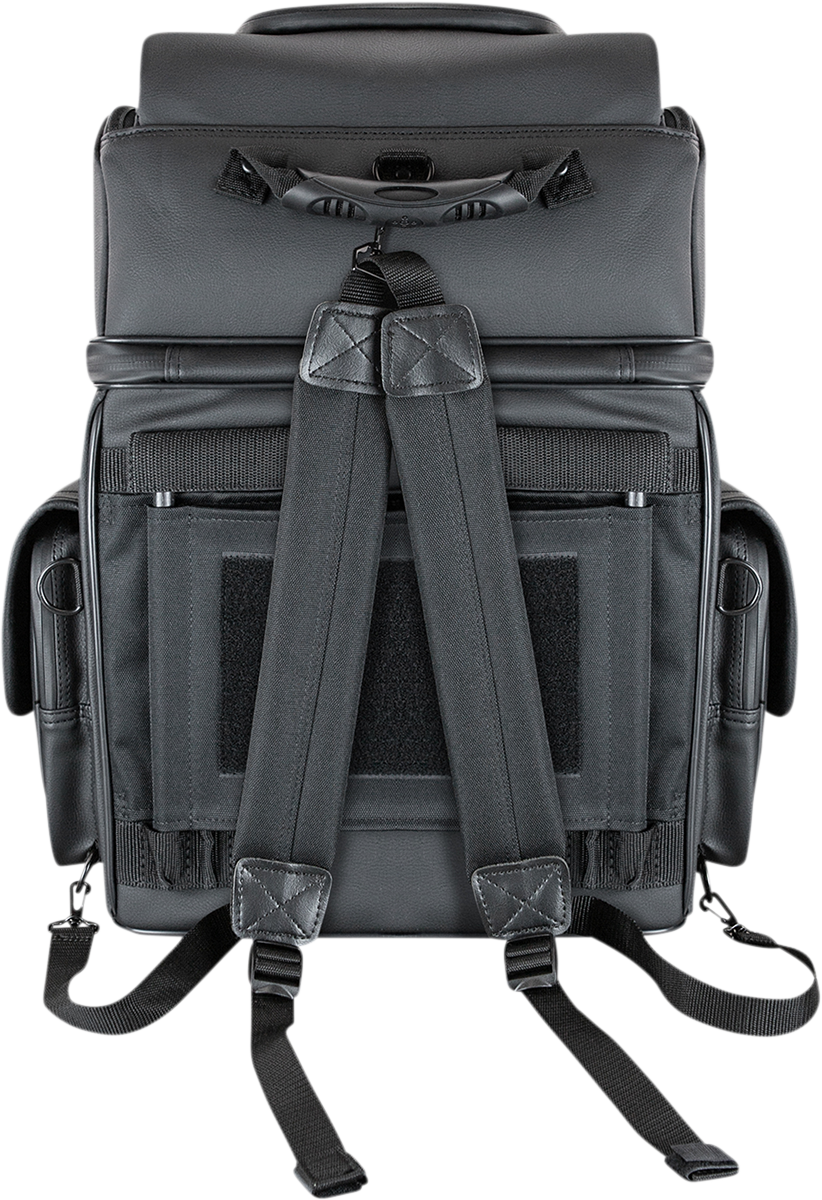 Black Sissy Bar Bag from SADDLEMEN BR3400D for motorcycle sissy bars, designed for secure storage and easy access.